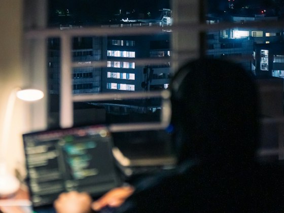 Pessoa usando o computador à noite, de costas, com a cidade iluminada pela janela.